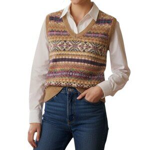 Lauren Ralph Lauren Fair Isle Knit Sweater Vest Camel Multicolor Size PS